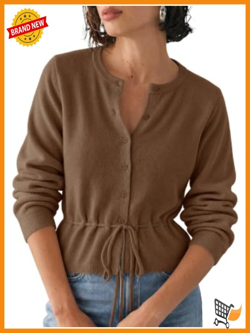 Womens Cropped Cardigan Button Up Tie Front Crew Neck Fall Sweater